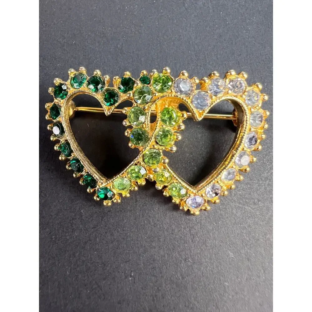Vintage Gold Tone Double Heart Green Clear Rhinestone Brooch